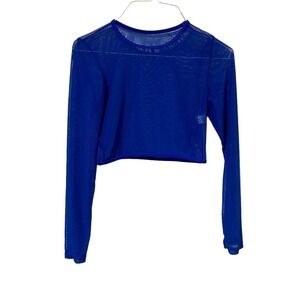 Royal Blue Mesh Long Sleeve Crop Top Sheer Crew Neck Size Medium